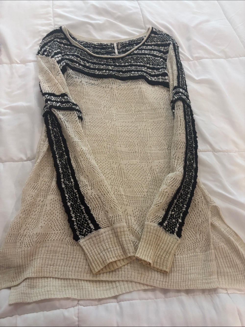 Free People Cream and Black Open-Knit Scoop Neck Sweater